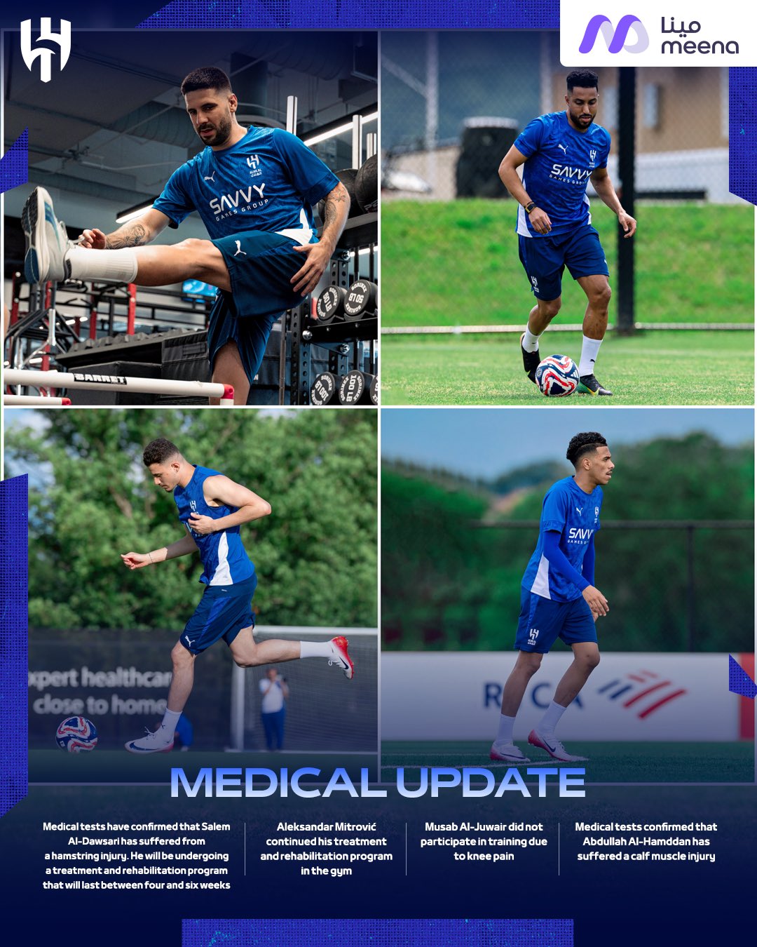 利雅得新月官方：队中4人受伤，多萨里腿筋受伤将治疗4-6周